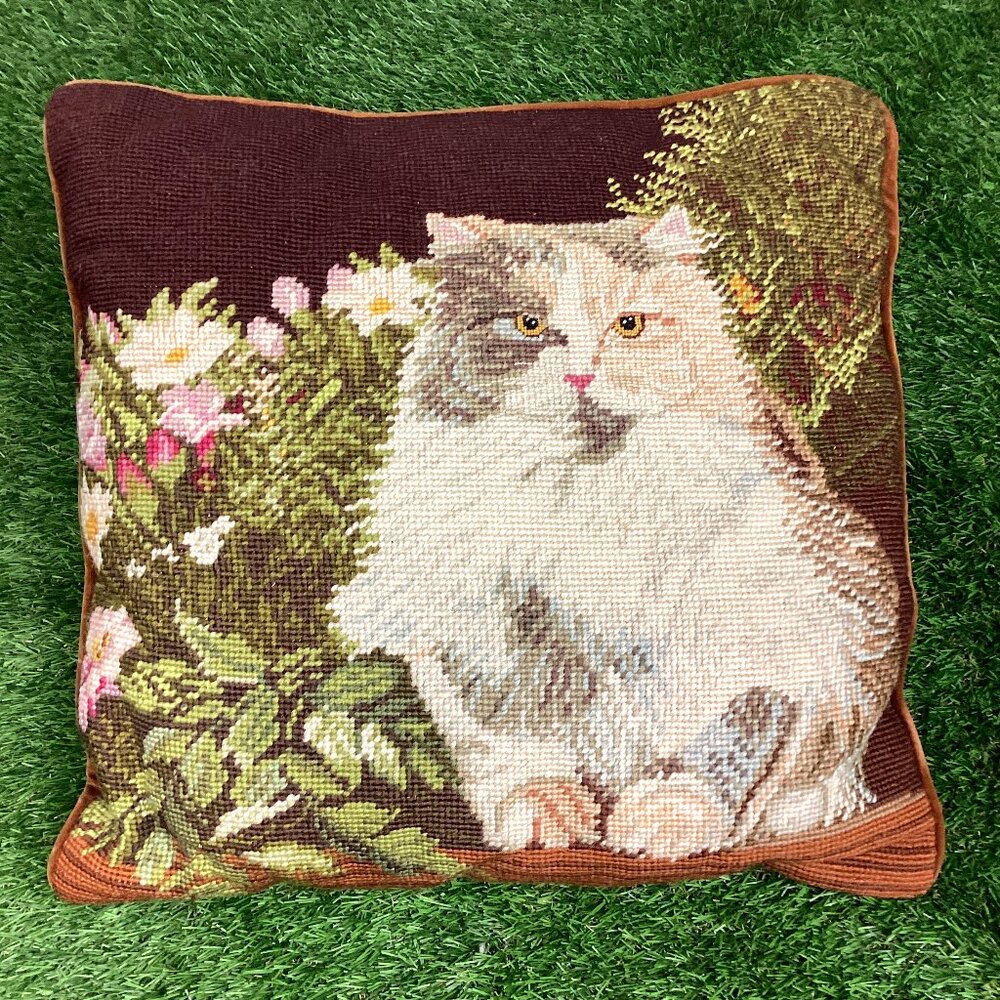 Vintage Cat Needlepoint Tapestry Pillow Long Haired Calico